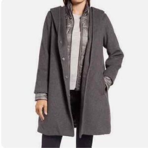 Gallery Hooded Wool Blend Coat Quilted Bib Grey Melange Size Large